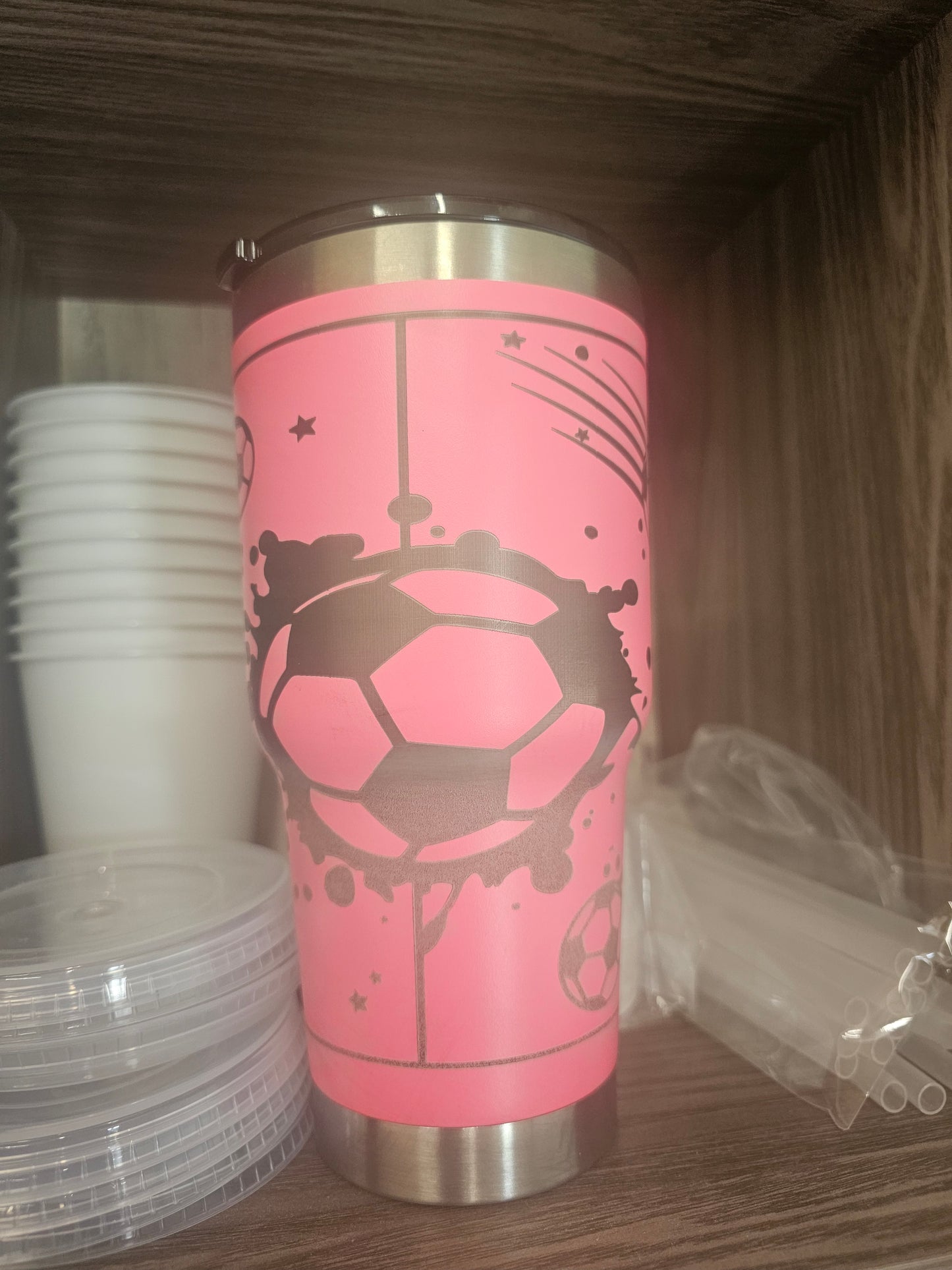 Flawed engraved soccer tumbler