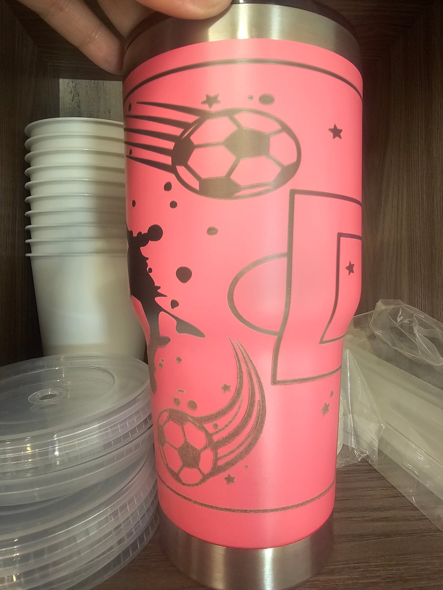 Flawed engraved soccer tumbler