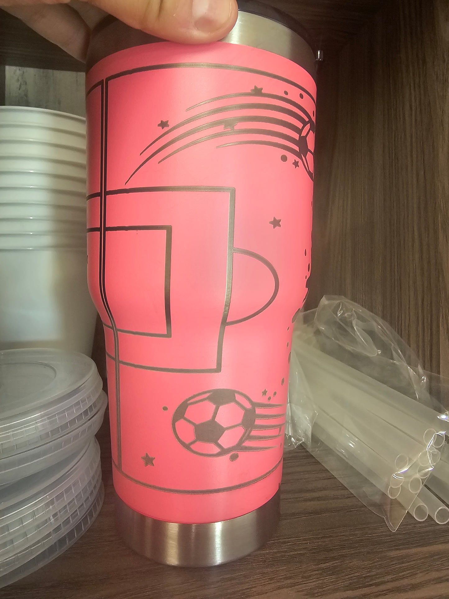 Flawed engraved soccer tumbler