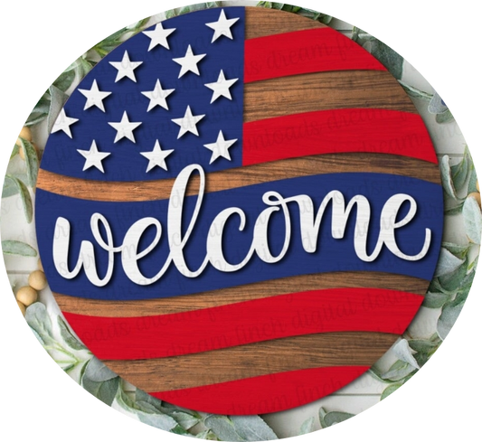 Wooden round flag welcome sign